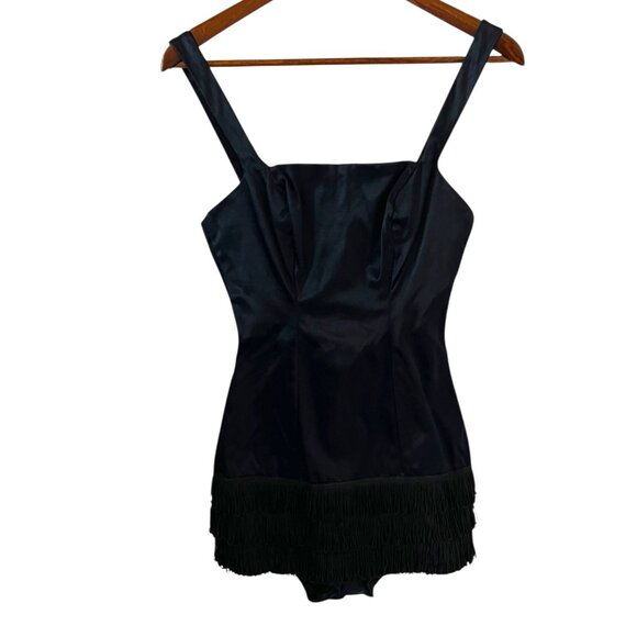 Kerrybrooke Sea Stars Sears Vintage Satin & Fringe Swimsuit In Black Size 14 - Picture 1 of 14